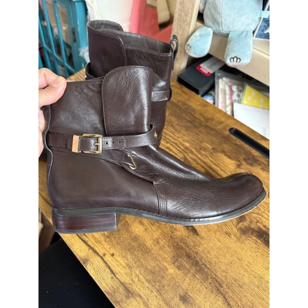 Michael Kors Arley Brown Leather Ankle Boots Size 10M Gold Hardware Moto